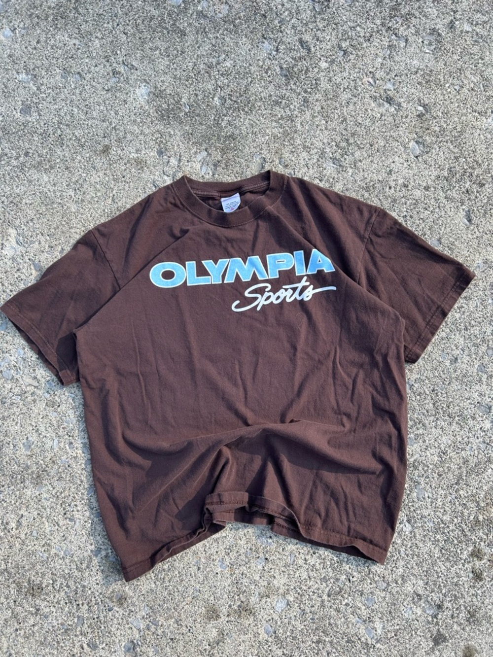 Anvil Brown "Olympia Sports" Tee with Light Blue White Logo